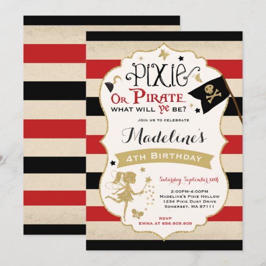Pixie en Pirate Birthday Invitation fairy Pirate Kaart (Voorkant / Achterkant)
