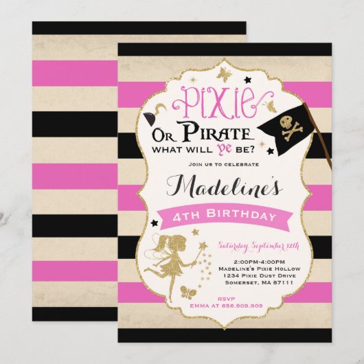 Pixie en Pirate Birthday Invitation fairy Pirate Kaart (Voorkant / Achterkant)