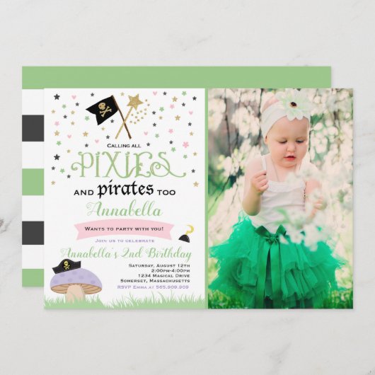 Pixie en Pirate Birthday Invitation fairy Pirate Kaart (Voorkant / Achterkant)