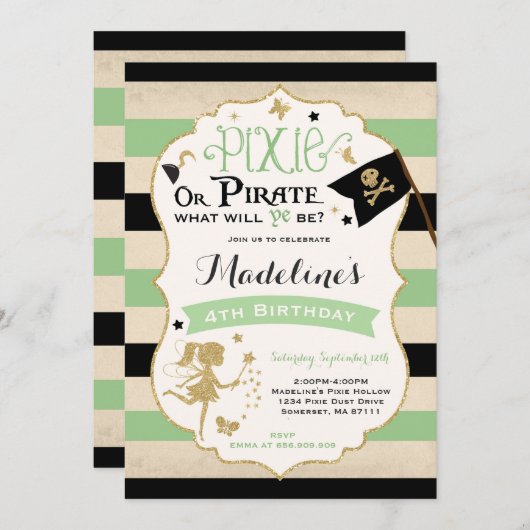 Pixie en Pirate Birthday Invitation fairy Pirate Kaart (Voorkant / Achterkant)