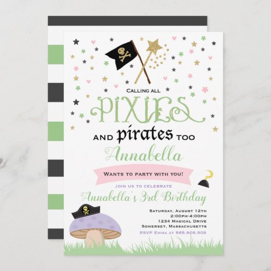 Pixie en Pirate Birthday Invitation fairy Pirate Kaart (Voorkant / Achterkant)