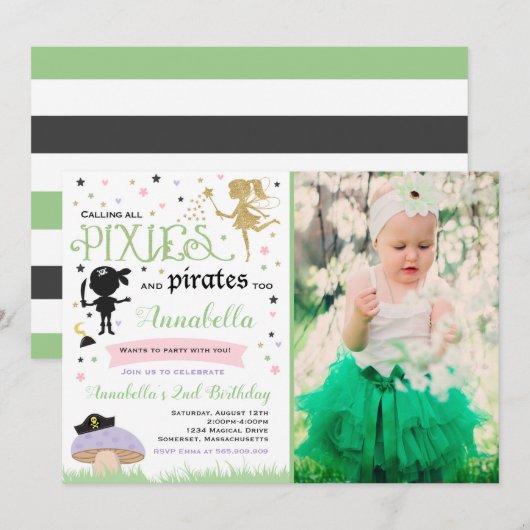 Pixie en Pirate Birthday Invitation fairy Pirate Kaart (Voorkant / Achterkant)
