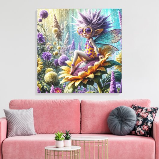 Pixie Fairy op een zonnebloem Canvas Afdruk (Insitu (Woonkamer))