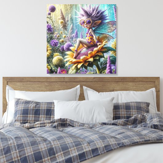 Pixie Fairy op een zonnebloem Canvas Afdruk (Insitu (Slaapkamer))