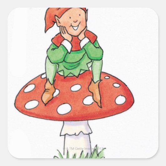 Pixie op Paddestoel Vierkante Sticker (Voorkant)