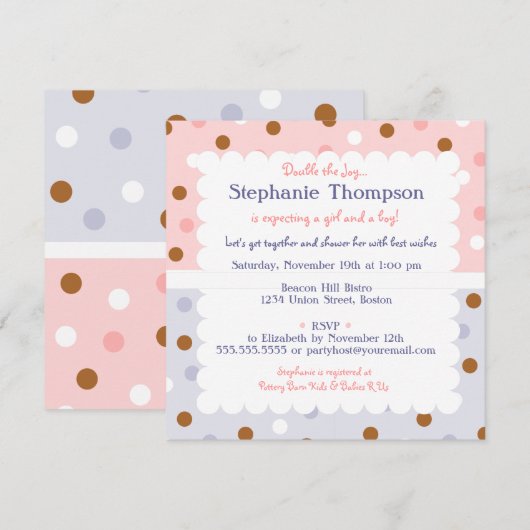 Pixie Polka Dot Twins Baby shower Invitation Kaart (Voorkant / Achterkant)