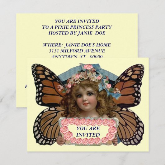 PIXIE PRINCESS PARTY INVITE BUTTERFLY EZ CUSTOMIZE KAART (Voorkant / Achterkant)