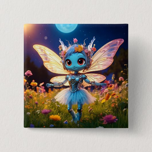 Pixie Robot Ballerina Dansen in de Wildflowers Vierkante Button 5,1 Cm (Voorkant)
