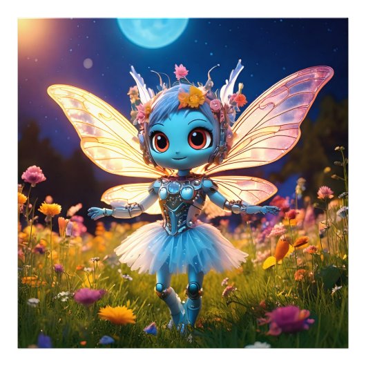 Pixie Robot Ballerina Dansend in de Wilde Bloemen Foto Afdruk (Voorkant)