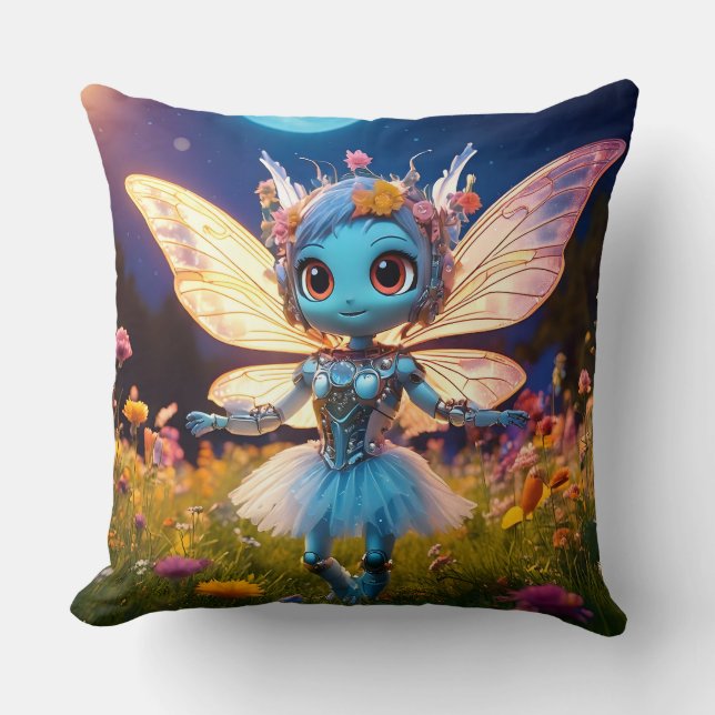 Pixie Robot Ballerina Dansend in de Wilde Bloemen Kussen (Voorkant)