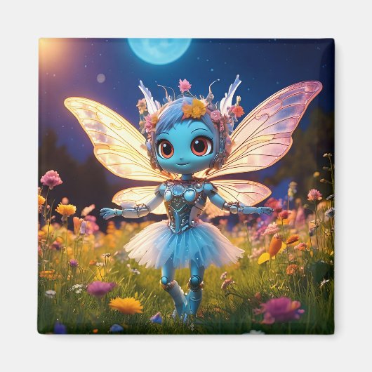 Pixie Robot Ballerina Dansend in de Wilde Bloemen Magneet (Voorkant)