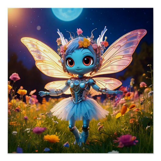 Pixie Robot Ballerina Dansend in de Wilde Bloemen Perfect Poster (Voorkant)