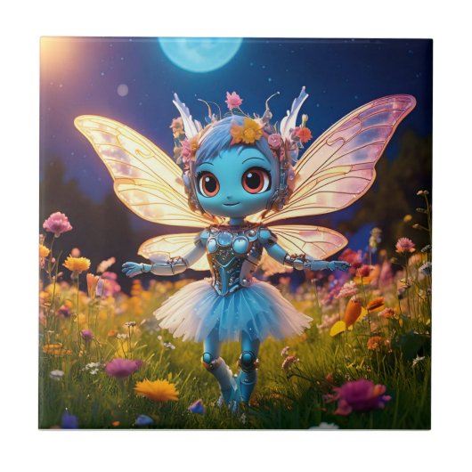 Pixie Robot Ballerina Dansend in de Wilde Bloemen Tegeltje (Voorkant)