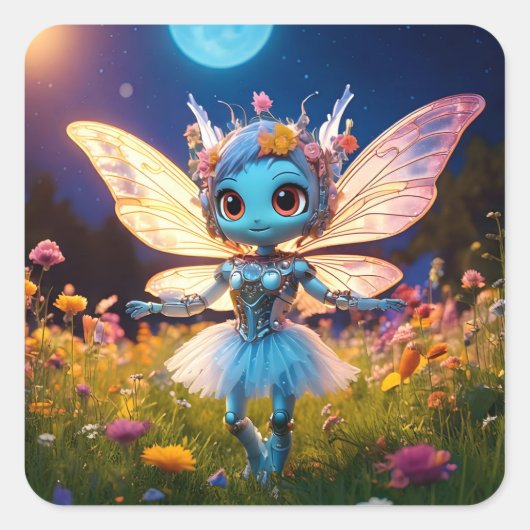 Pixie Robot Ballerina Dansend in de Wilde Bloemen Vierkante Sticker (Voorkant)