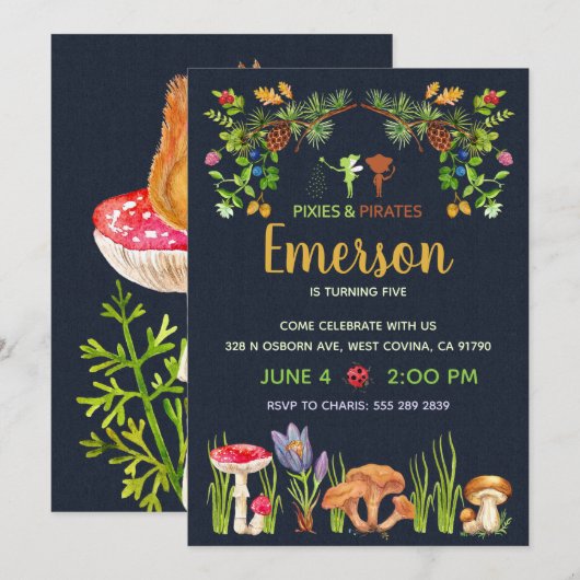 Pixies and Pirates Fairy Garden Birthday Party Kaart (Voorkant / Achterkant)