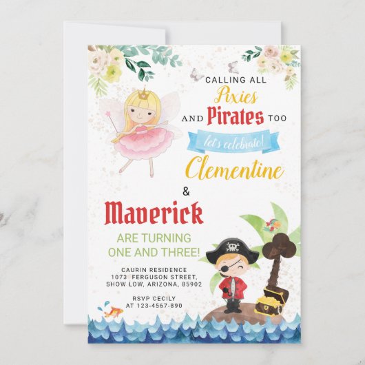 Pixies and Pirates Joint Sibling Birthday Kaart (Voorkant)