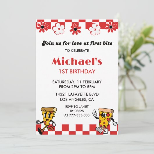 Pizza 1e Verjaardag Uitnodigingen | Love Pizza Par (Staand voorkant)