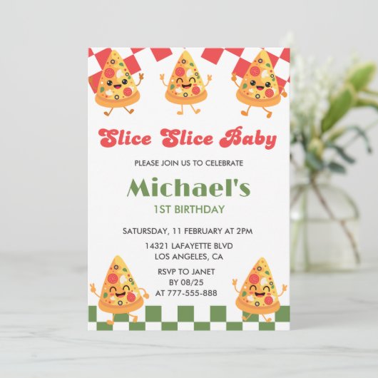 Pizza 1e Verjaardag Uitnodigingen | Modern Pizza P (Staand voorkant)