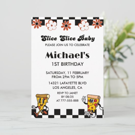 Pizza 1e Verjaardagsuitnodigingen | Slice slice ba Kaart (Staand voorkant)