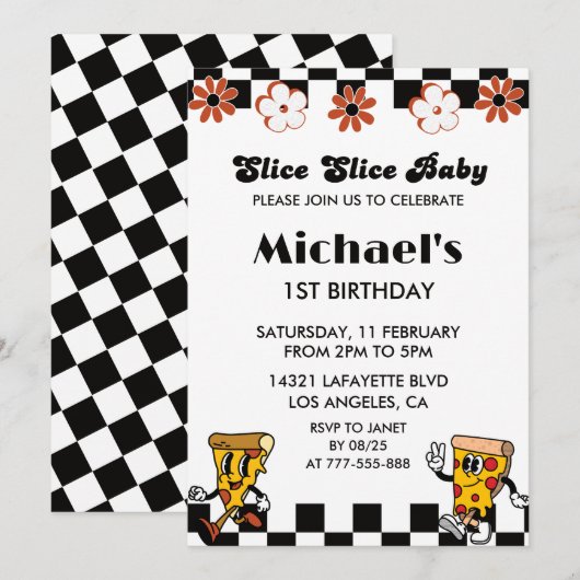 Pizza 1e Verjaardagsuitnodigingen | Slice slice ba Kaart (Voorkant / Achterkant)