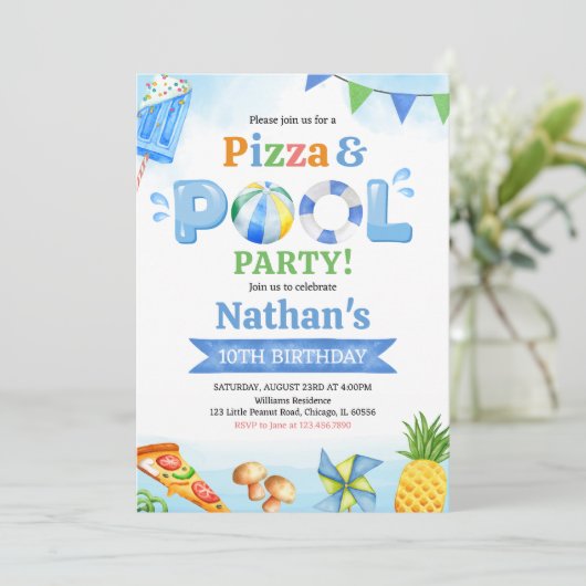 Pizza and Pool Birthday Party Kaart (Staand voorkant)