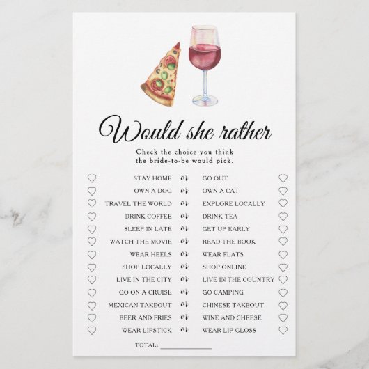 Pizza and Wine Bridal shower Would she rather (Voorkant)