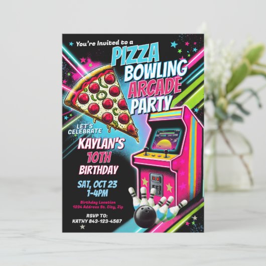 Pizza Arcade Bowling Party Uitnodiging voor kinder (Staand voorkant)