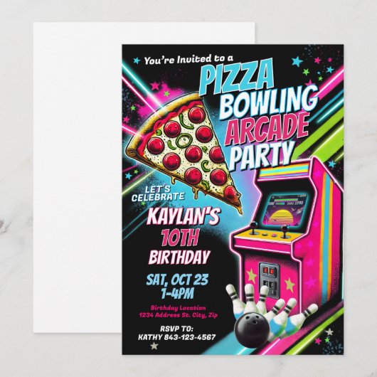 Pizza Arcade Bowling Party Uitnodiging voor kinder (Voorkant / Achterkant)