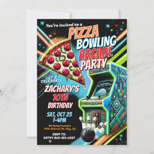 Pizza Arcade Bowling Party Uitnodiging voor kinder