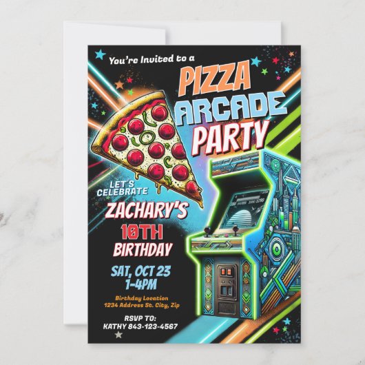 Pizza Arcade Party Uitnodiging voor kinderen (Voorkant)