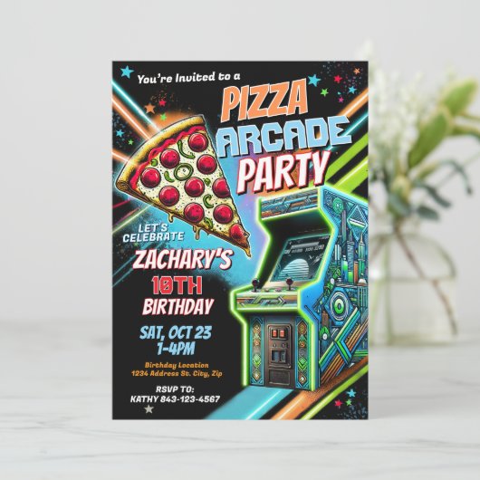 Pizza Arcade Party Uitnodiging voor kinderen (Staand voorkant)
