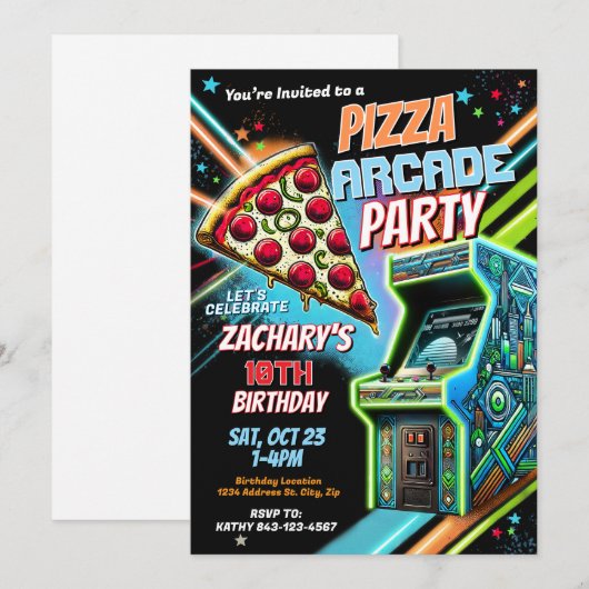 Pizza Arcade Party Uitnodiging voor kinderen (Voorkant / Achterkant)
