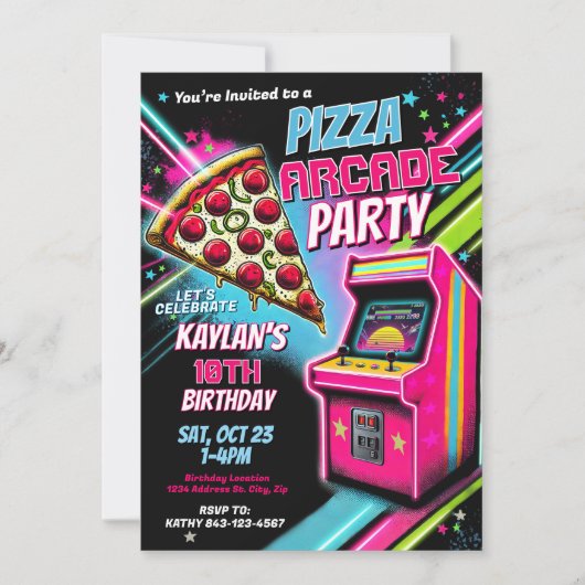 Pizza Arcade Party Uitnodiging voor kinderen (Voorkant)