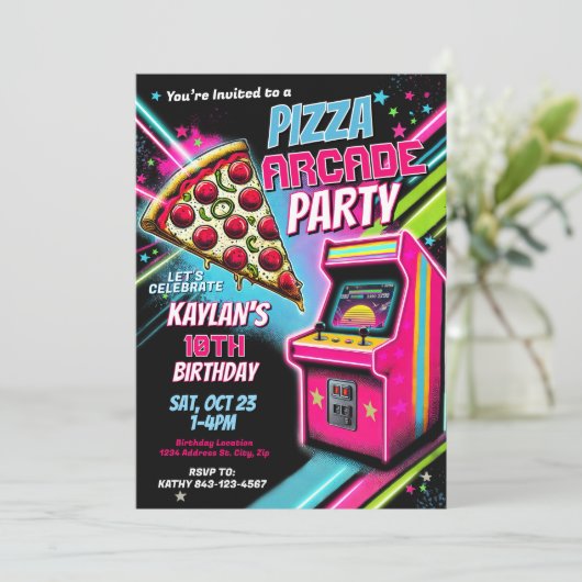 Pizza Arcade Party Uitnodiging voor kinderen (Staand voorkant)