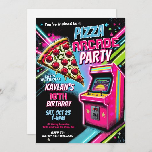 Pizza Arcade Party Uitnodiging voor kinderen (Voorkant / Achterkant)