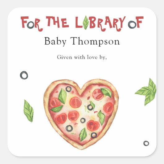 Pizza Baby shower boekenplank - voor de bibliothee Vierkante Sticker (Voorkant)