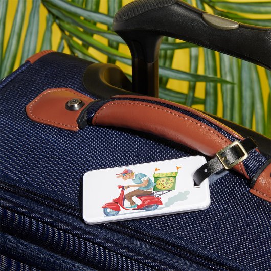 Pizza bezorger op rode scooter bagagelabel