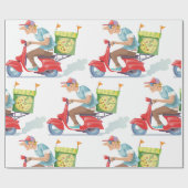 Pizza bezorger op rode scooter cadeaupapier (Vlak)