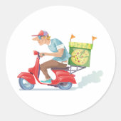 Pizza bezorger op rode scooter ronde sticker (Voorkant)
