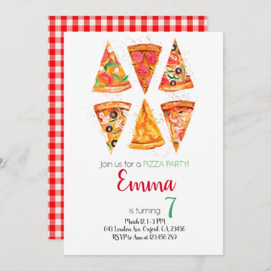 Pizza Birthday Invitation, Pizza Invitation Kaart (Voorkant / Achterkant)