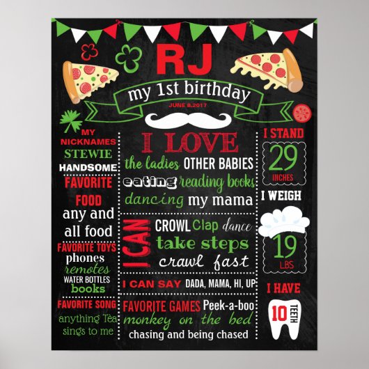 Pizza Birthday Party chalkboard-teken Poster (Voorkant)