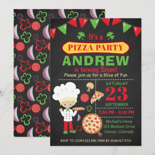 Pizza Birthday Party Invitation Kaart (Voorkant / Achterkant)