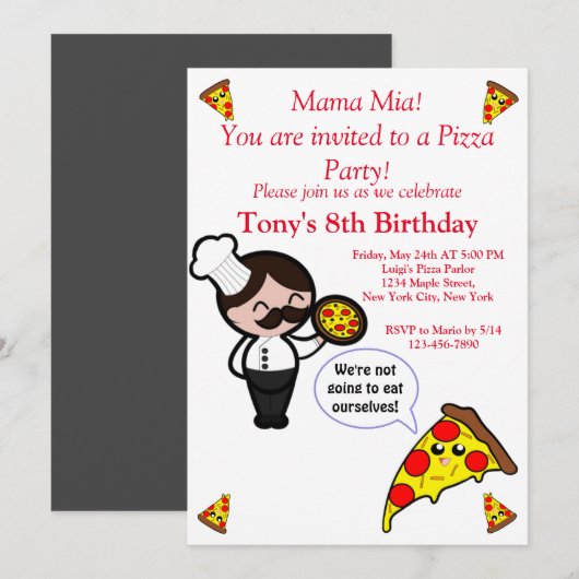 Pizza Birthday Party Invitation Kaart (Voorkant / Achterkant)