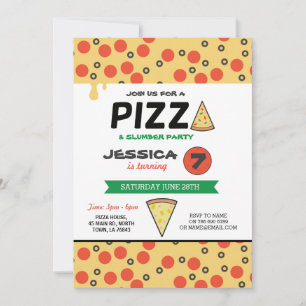 PIZZA Birthday Party Slumber Sleep over Uitnodigin Kaart