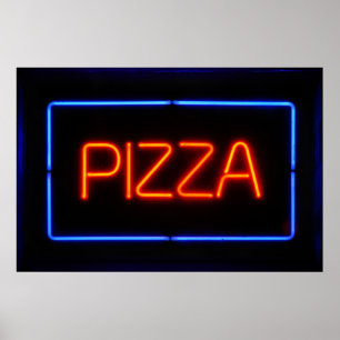 PIZZA Blue & Red Neon Sign Poster