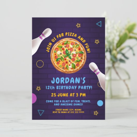 Pizza Bowling Fun Verjaardagsfeest Kaart (Staand voorkant)