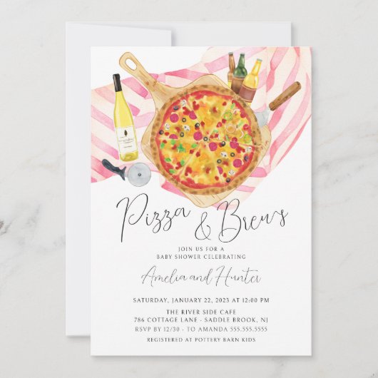 Pizza & Brew Couples Baby shower Uitnodiging meisj (Voorkant)