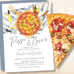 Pizza & Brew Couples Bridal Shower Invitation Kaart<br><div class="desc">Casual pizza's en breekt een uitnodiging tot het douchen van de bridal met een pizzakaart op een pizzaschillen met flessen bier en wijn op een blauwe en witte strepe tafellade. Verkrijgbaar in onze winkel voor verloving- en repetitieve diners.</div>