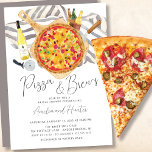 Pizza & Brew Couples Bridal Shower Invitation Kaart<br><div class="desc">Casual pizza en breekt een uitnodiging tot het douchen van de bridal met een pizzakaart op een pizzaschil,  met flessen bier en wijn op een neutrale tulp & witte strepe tafellauw. Verkrijgbaar in onze winkel voor een verloving en een repetitief diner.</div>
