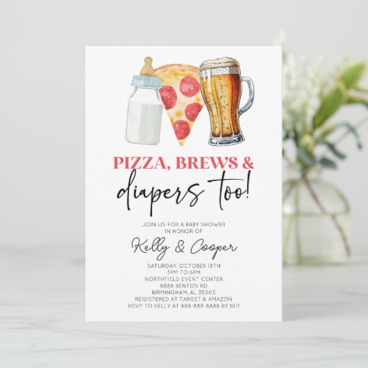 Pizza Brews en Luiers ook! Baby Shower Kaart (Staand voorkant)